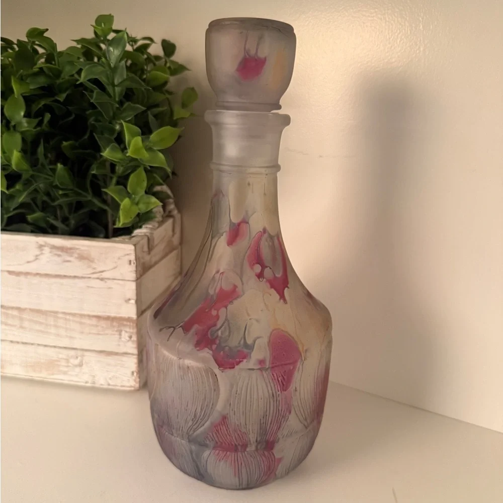 Nouveau Art Glass Wine Decanter Multi-Color Hand Painted Abstract Design France